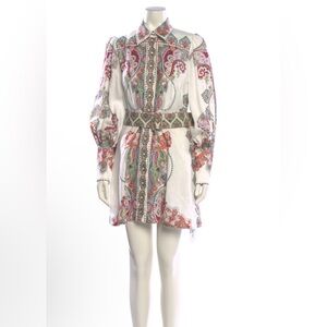 White Paisley Print Button-Front Mini Dress with Belt